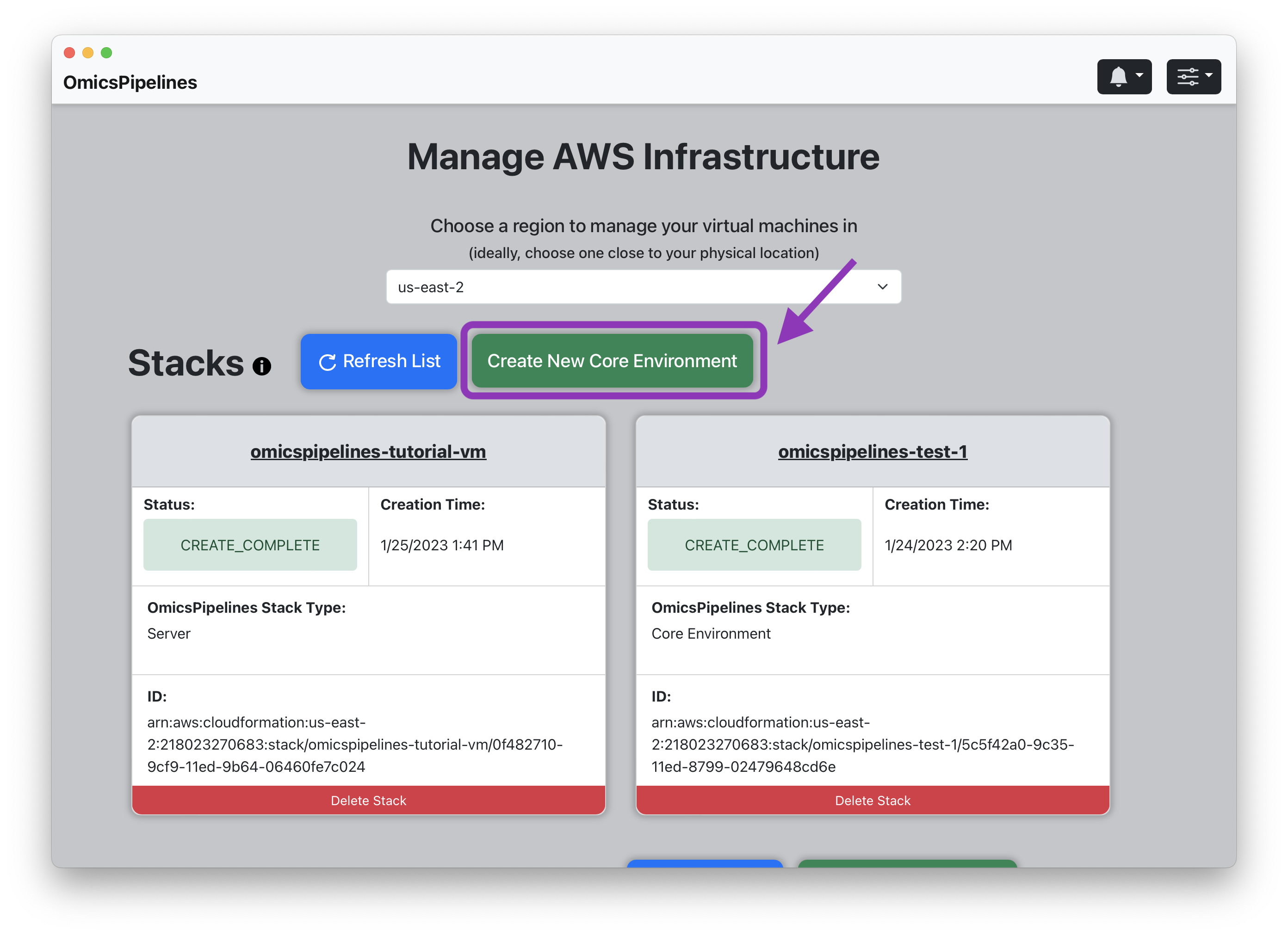 Click the new core environment button